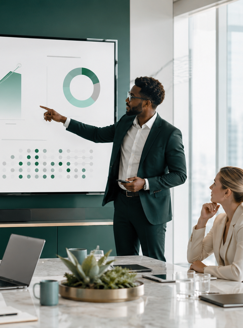 A sales manager walking their team through the numbers on screen.
